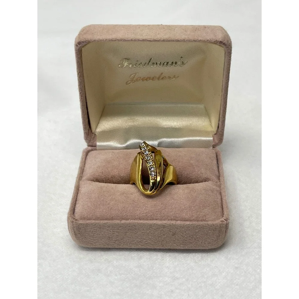 Vintage Gold Tone Sculptural Bypass Statement Ring Crystal Accents Size 4.5